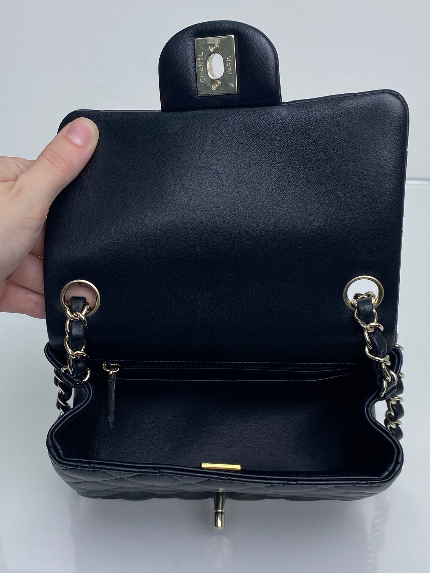 Chanel Black Quilted Lambskin Square Classic Single Flap Mini Bag LGHW
