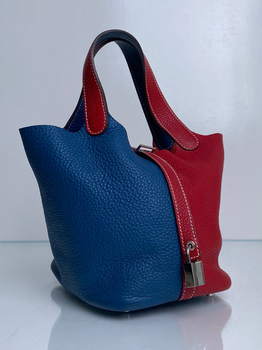 Hermes Picotin Rouge Casaque Bleu Thalassa Clemence PHW #P