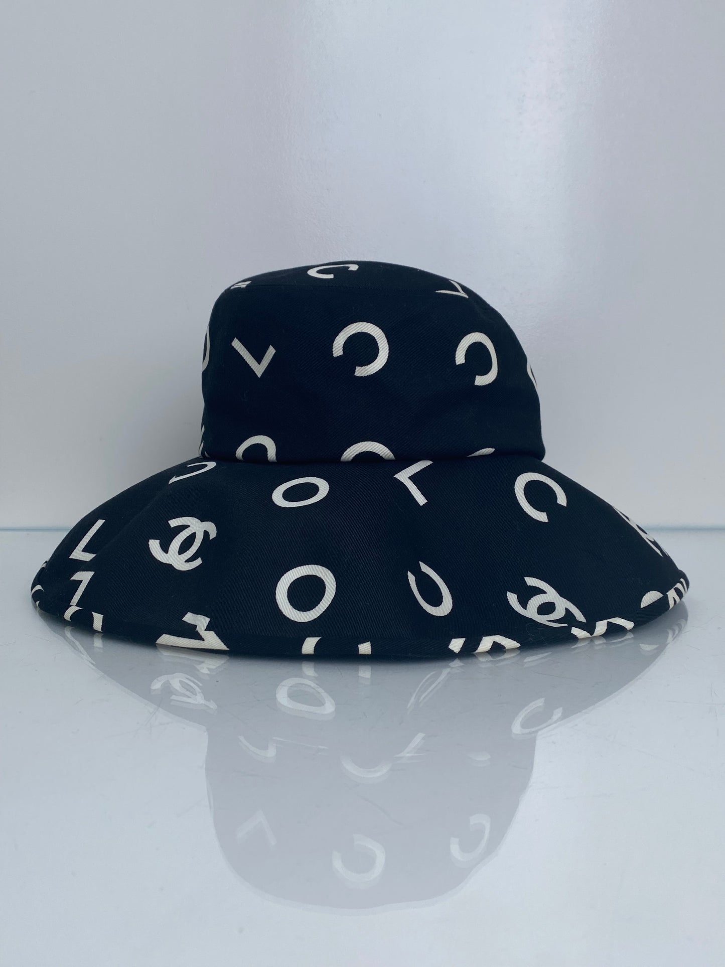 Chanel Wide Brim Black CC Logo Hat, 57
