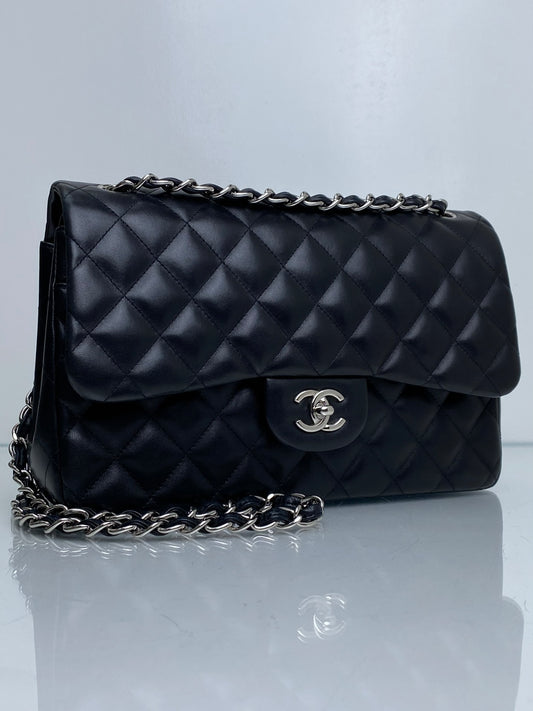 Chanel Black Quilted Lambskin Classic Double Flap Jumbo Bag SHW #19