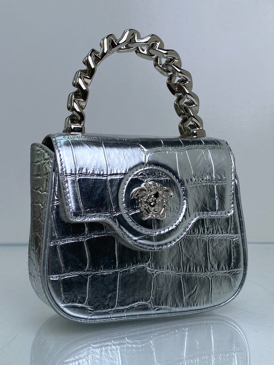Versace Silver La Medusa Embossed Mini Top Handle Bag SHW