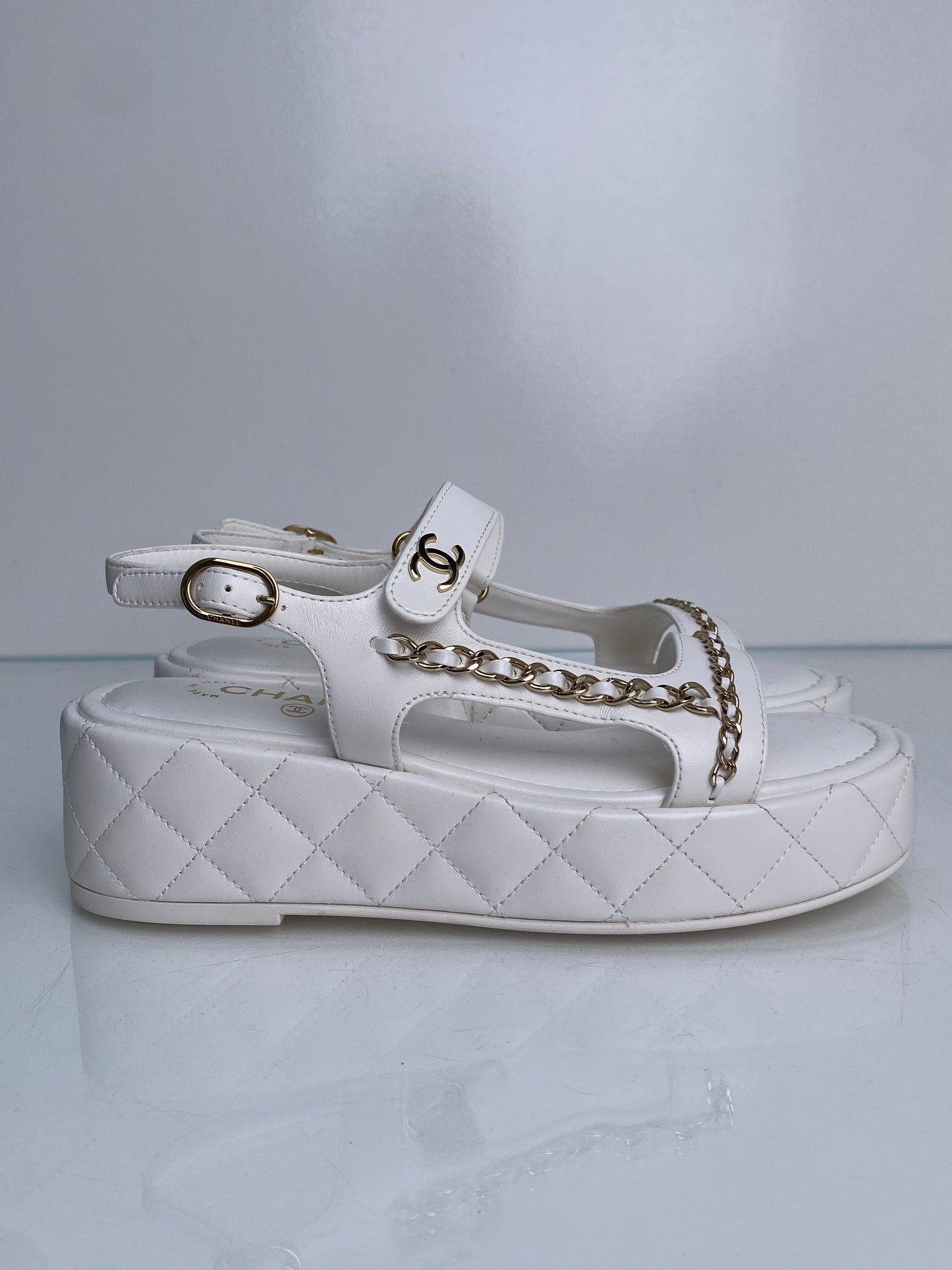 Chanel White CC Chain Platform Sandals, 38.5