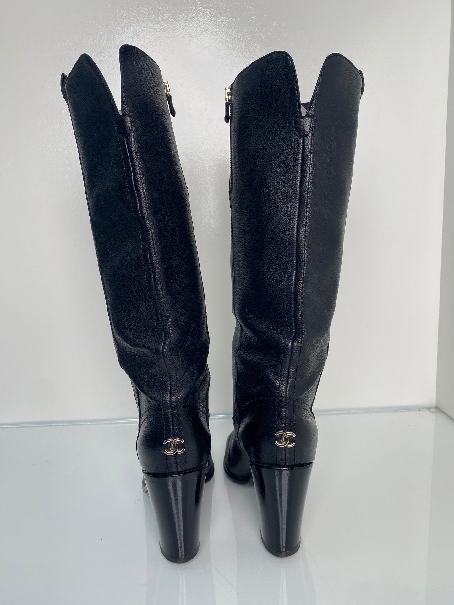 Chanel Tall Black Leather Heeled Boots, 39