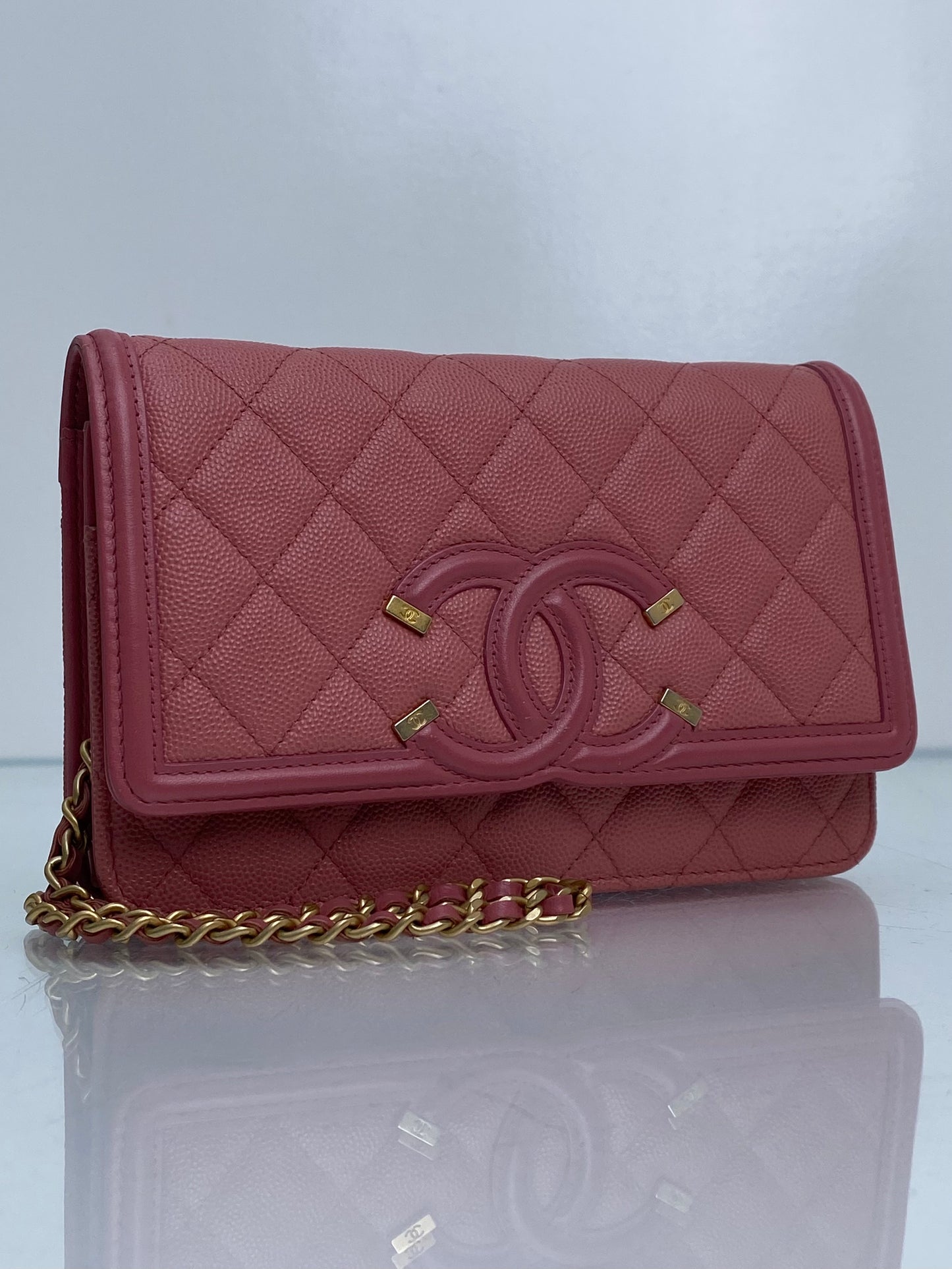 Chanel Light Pink Filigree Caviar Wallet On Chain GHW