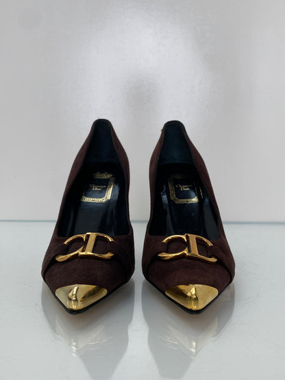 Christian Dior Chocolate Brown Suede CD Logo Twist Heels, 37.5