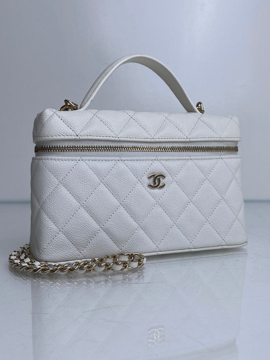 Chanel White Quilted Caviar Slim Vanity Case Crossbody Bag GHW