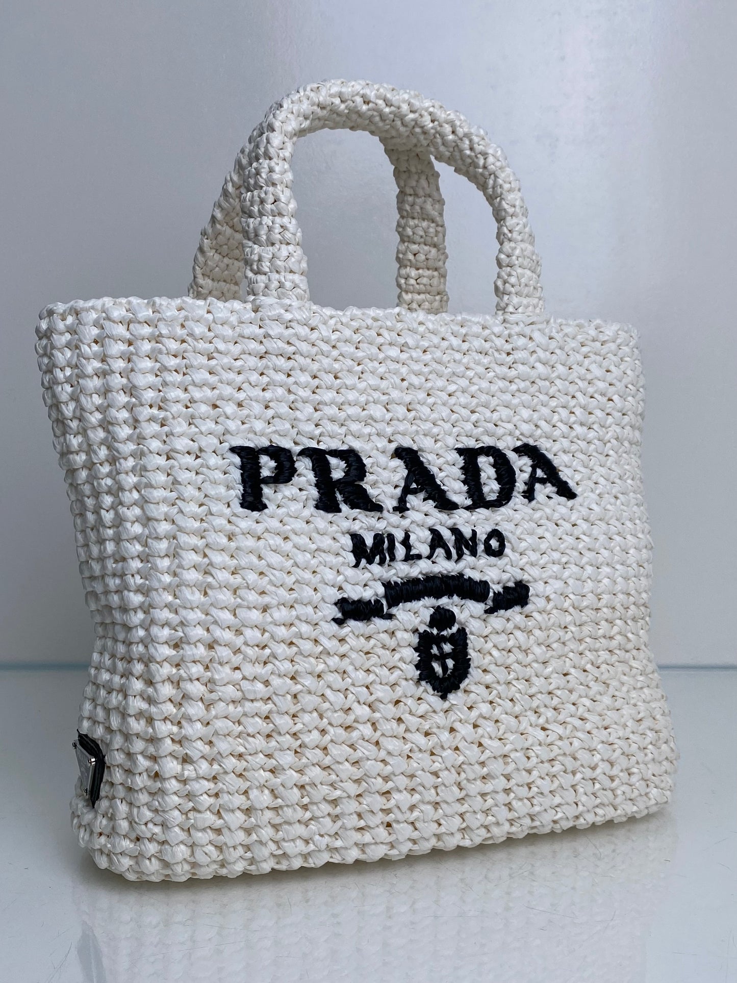 Prada White Logo Crochet Small Tote Bag