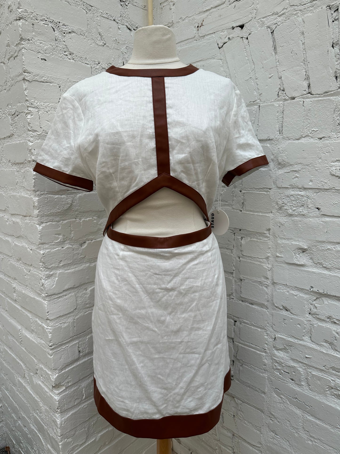 Staud White Linen & Vegan Leather Cut Out Dress, 16