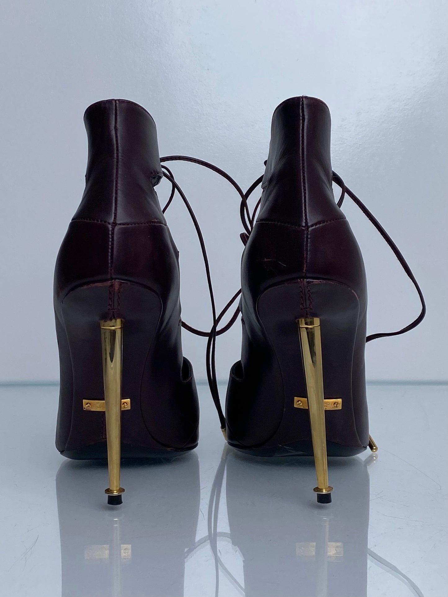 Tom Ford Burgundy & Gold Cut Out Lace Up Booties, 39