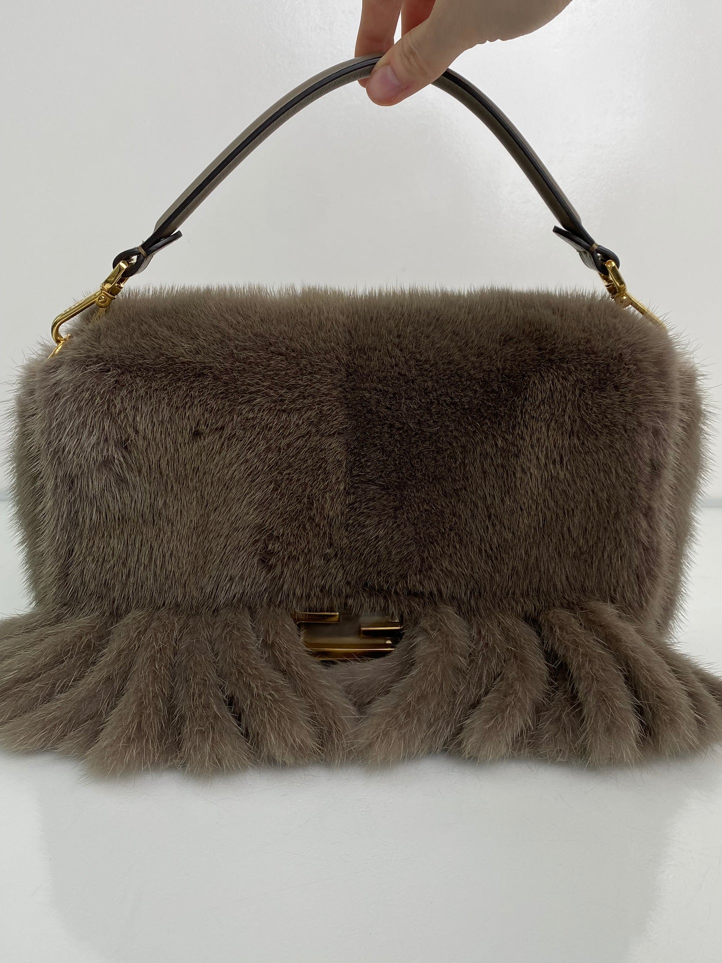 Fendi Grey Mink Fringe Baguette Bag GHW