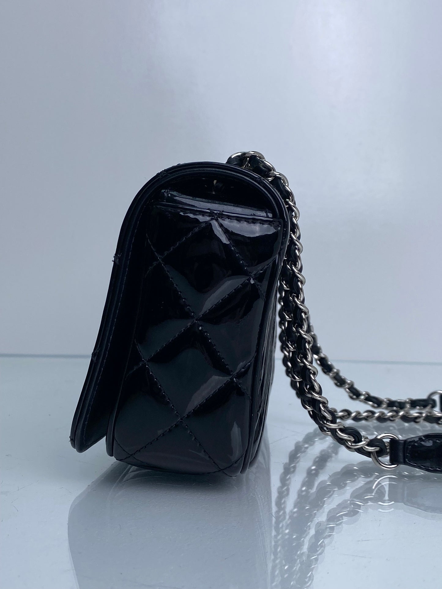Chanel Mini Reverse Chevron Black Patent Crossbody SHW