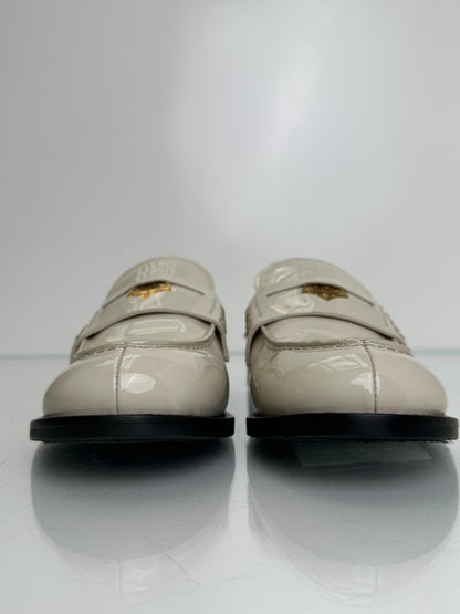 Miu Miu Cream Patent Leather Penny Coin Loafers, 38