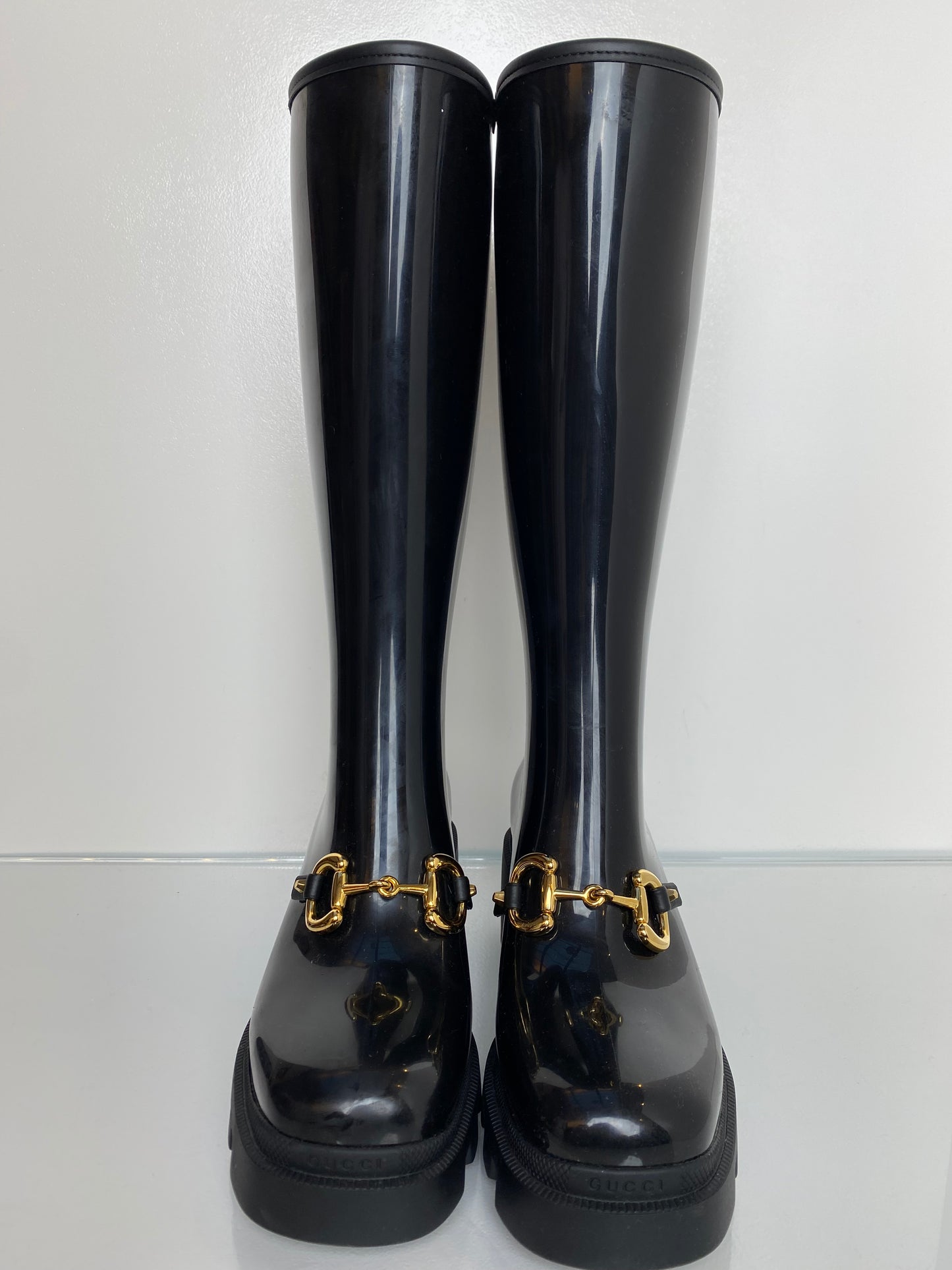 Gucci Black Horsebit Platform Rainboots, 39