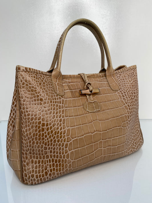 Longchamp Roseau Light Brown Embossed Leather Tote SHW (As Is)