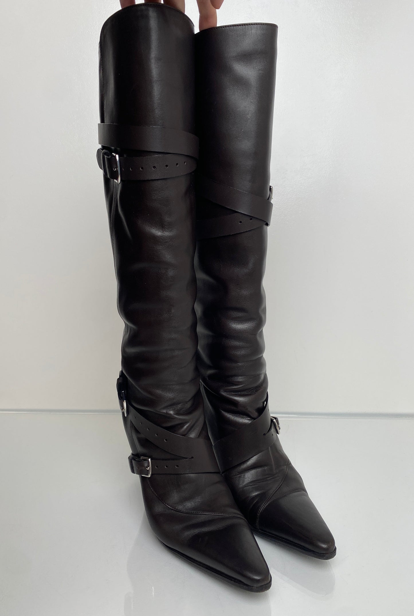 Hermes Brown Leather Buckle Heeled Boots, 36