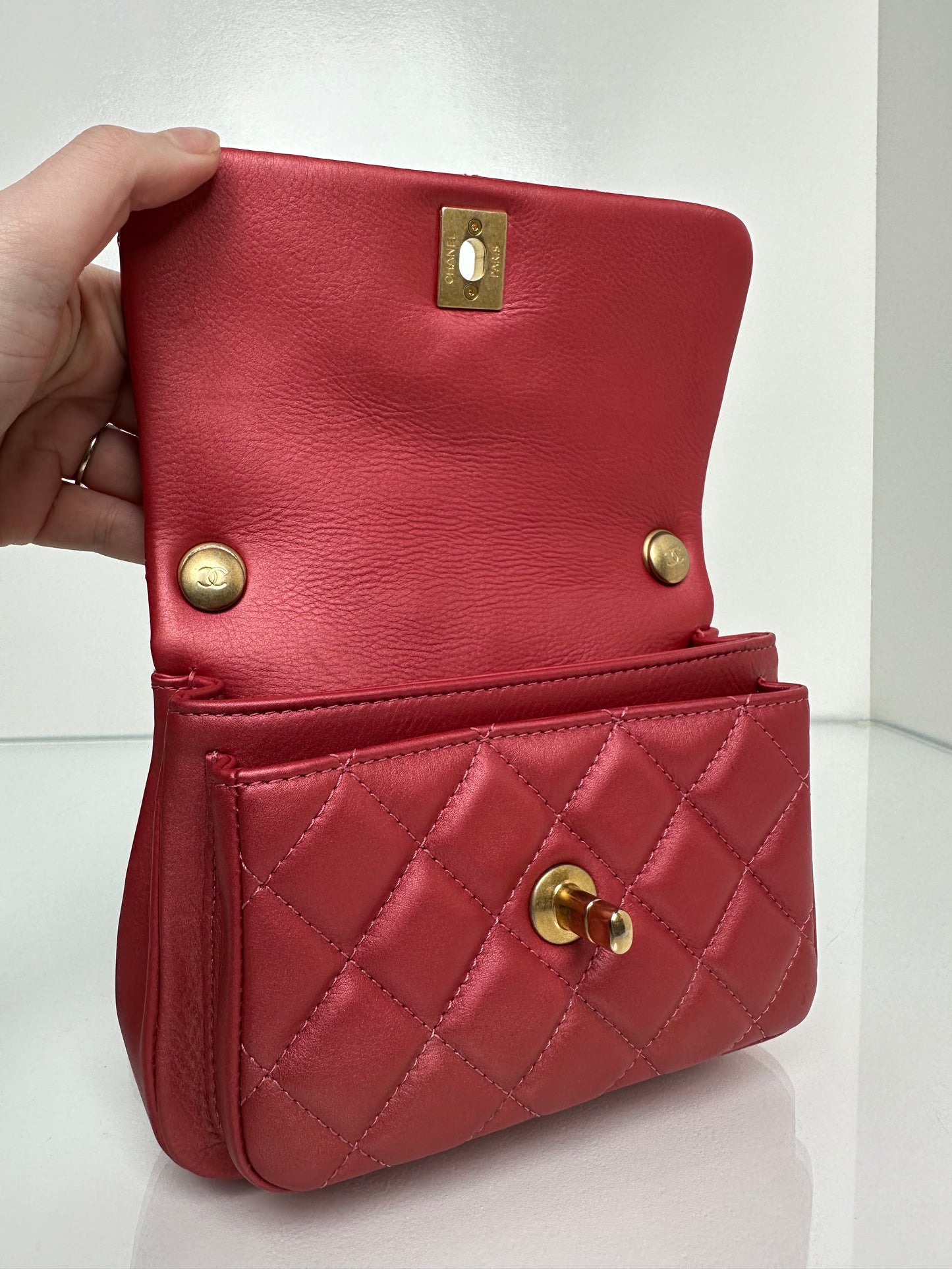 Chanel Small Metallic Pink Top Handle Crossbody