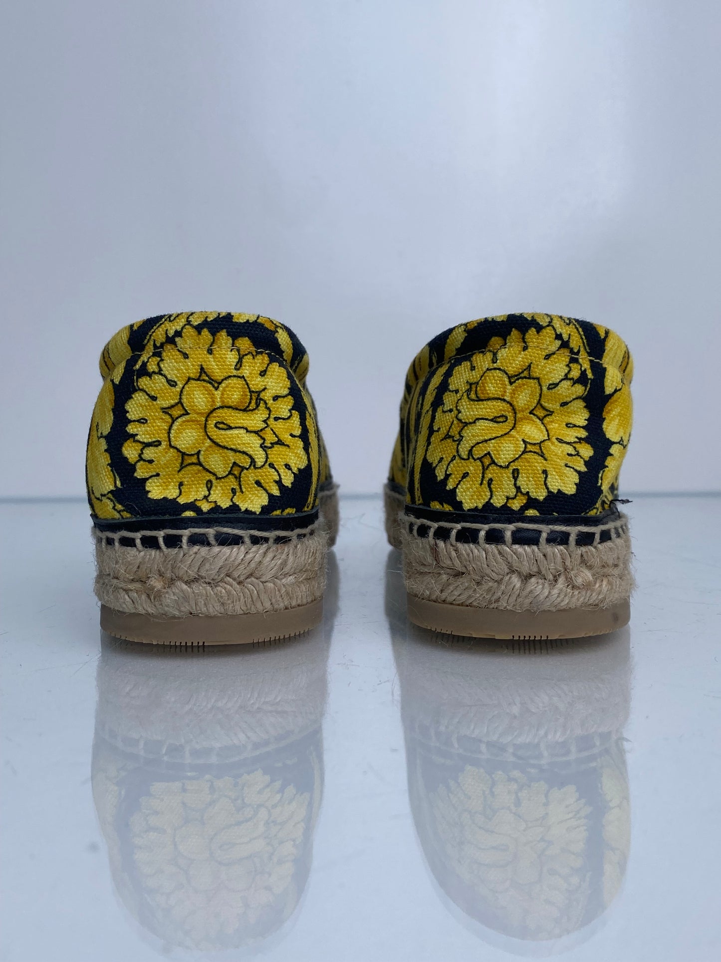 Versace Gold & Black Patterned Canvas Espadrille Flats, 39