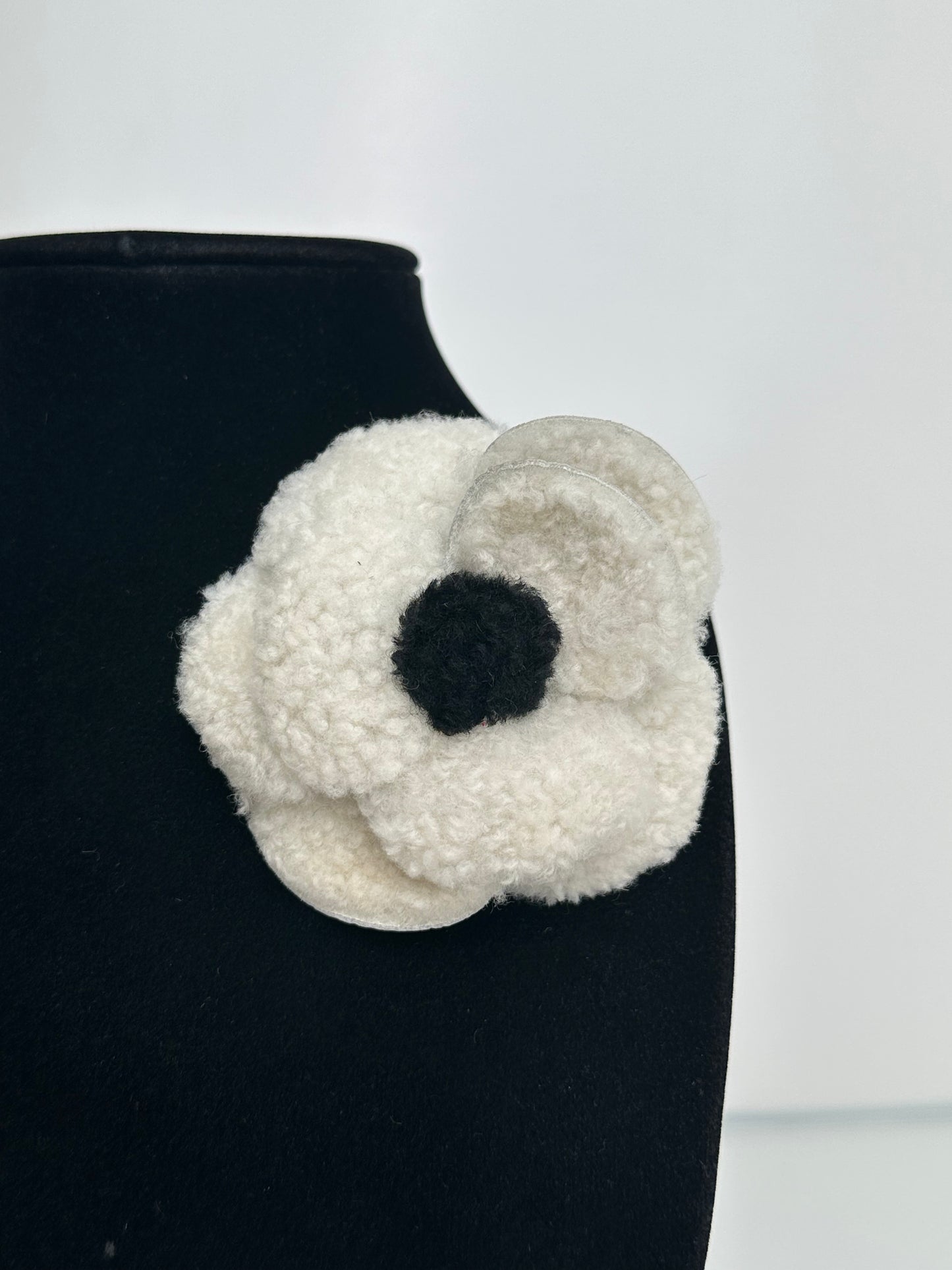 Chanel White & Black Shearling Camellia Brooch