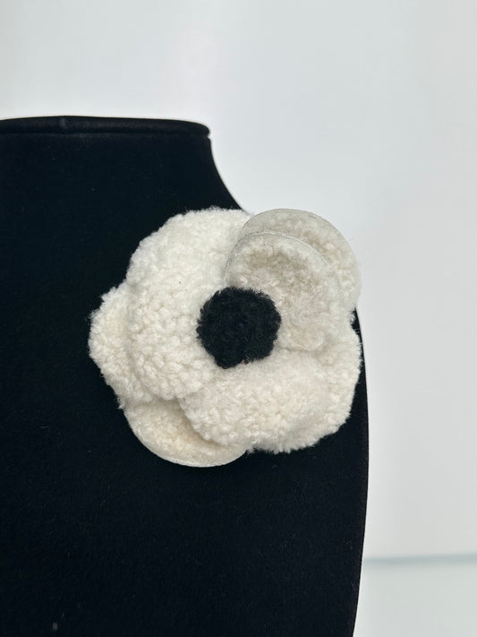 Chanel White & Black Shearling Camellia Brooch
