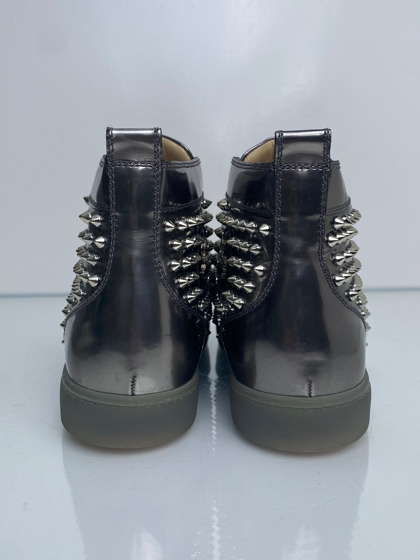 Christian Louboutin Metallic Silver Patent Leather Spiked High-Top Sneakers, 43