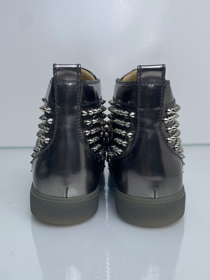 Christian Louboutin Metallic Silver Patent Leather Spiked High-Top Sneakers, 43