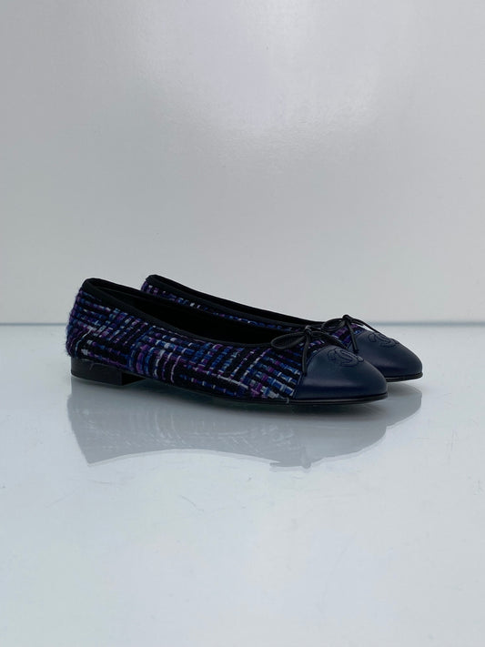 Chanel Interlocking CC Navy & Purple Tweed Ballet Flats, 37.5