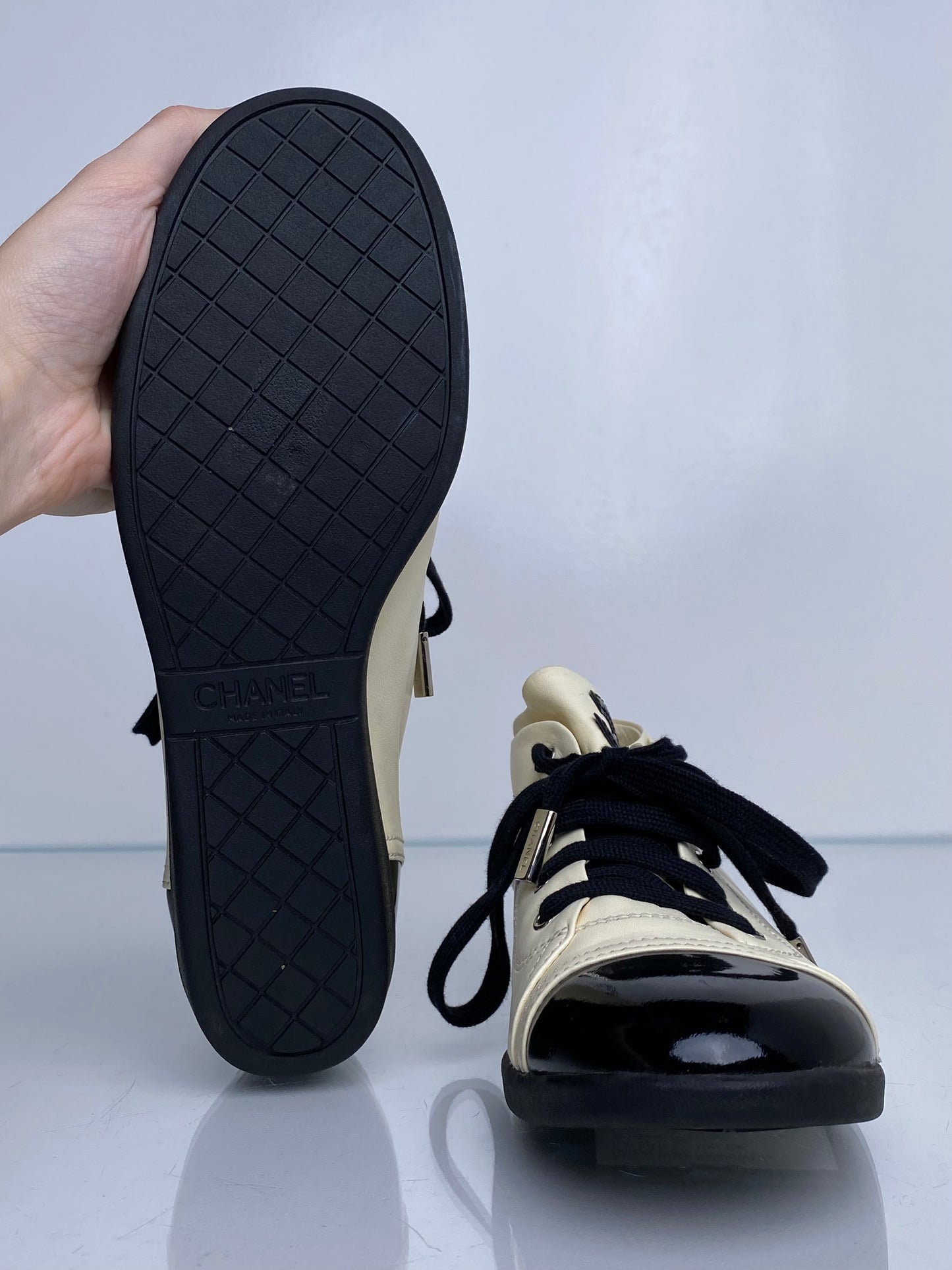 Chanel Black & Cream Patent & Lambskin CC Cap Toe Sneakers, 40