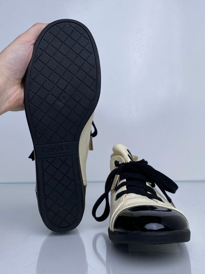 Chanel Black & Cream Patent & Lambskin CC Cap Toe Sneakers, 40