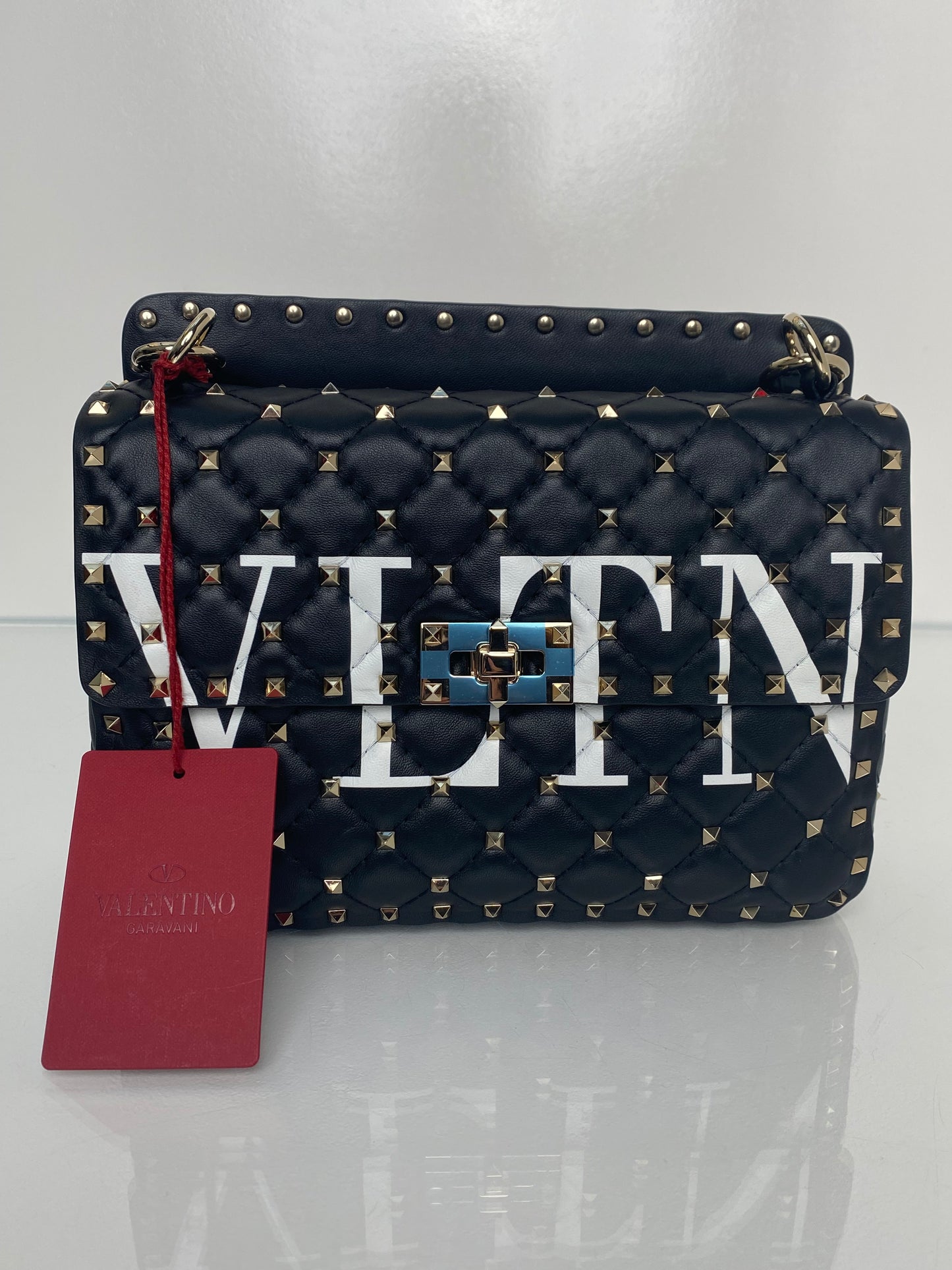 Valentino Black & White "VLTN" Rockstud Top Handle Crossbody Bag GHW