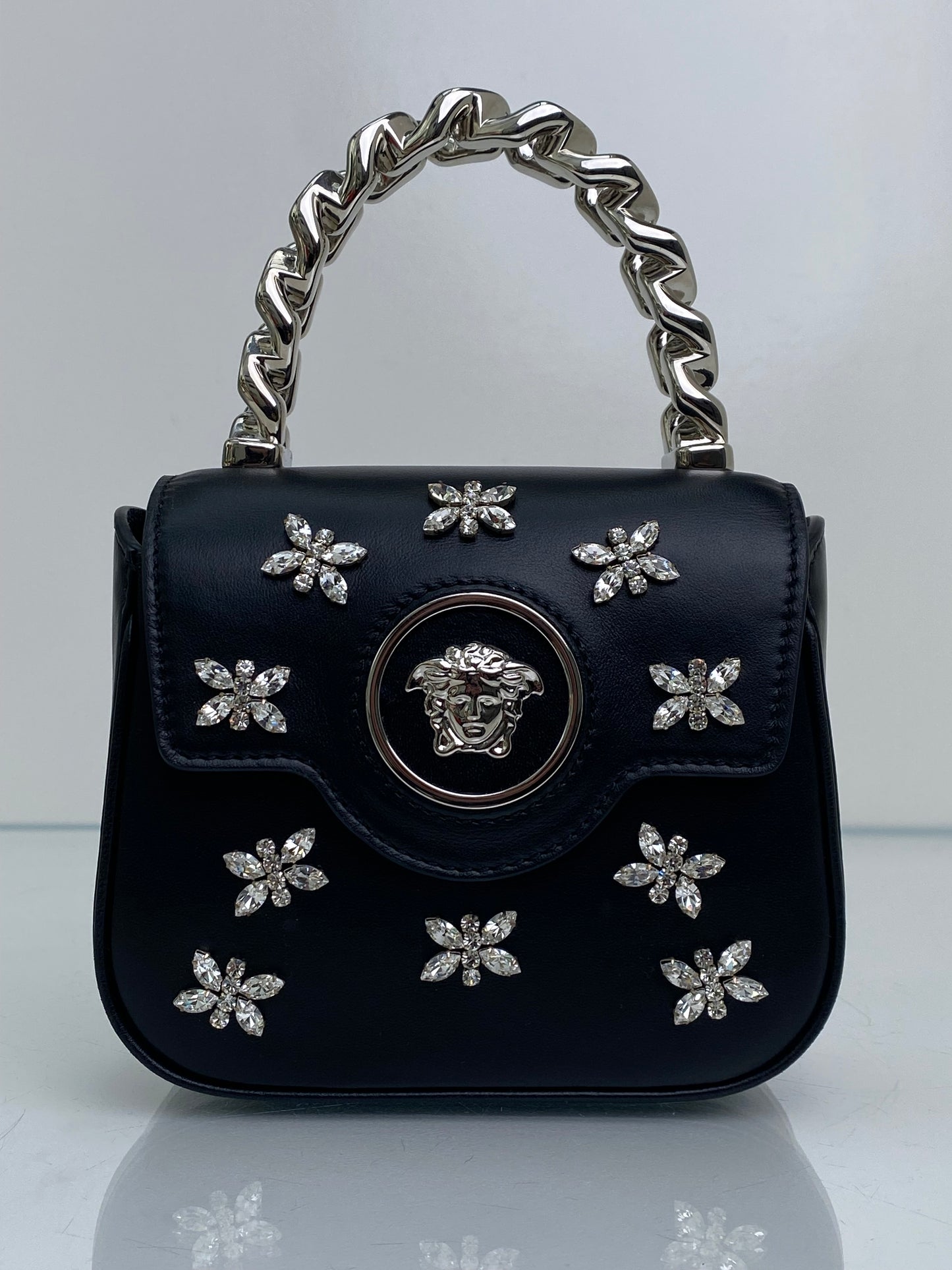 Versace Black Crystal Embellished La Medusa Mini Top Handle Bag SHW