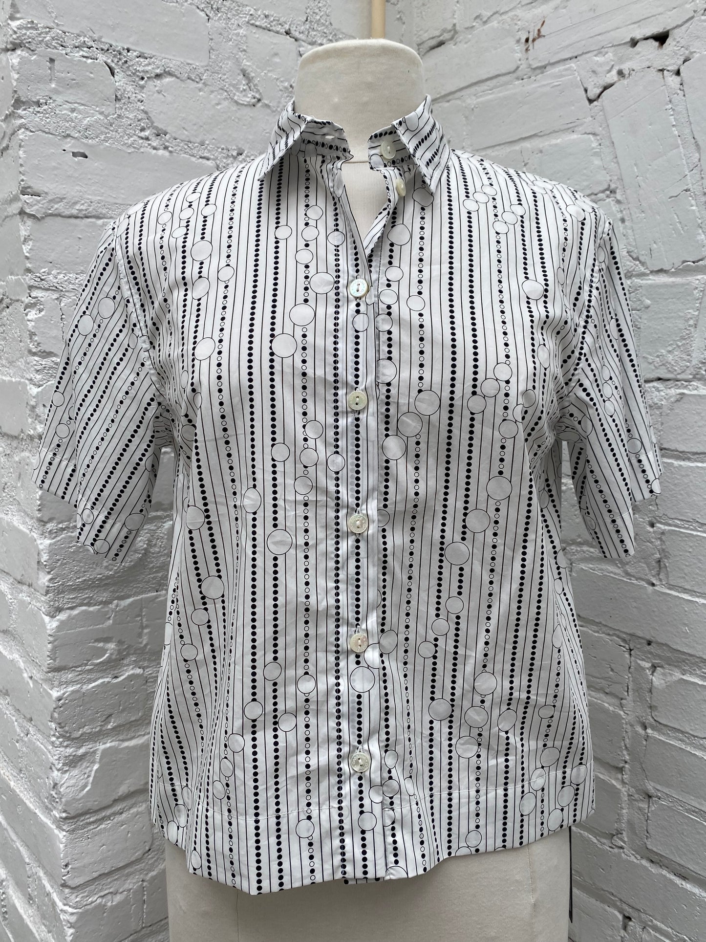 Dolce & Gabbana White & Black Stripe & Dot Button Up Top, 42