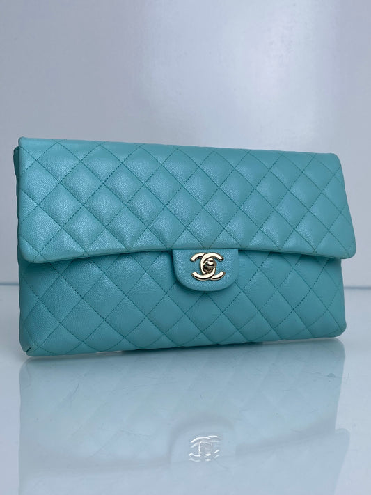 Chanel Light Blue Caviar Quilted Clutch LGHW