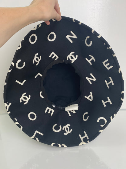 Chanel Wide Brim Black CC Logo Hat, 57