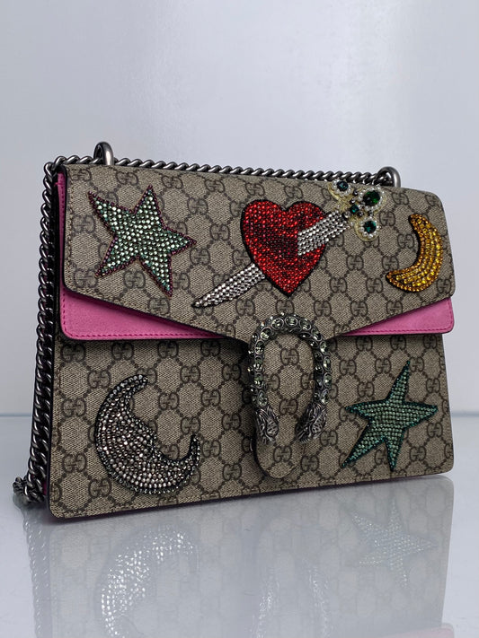 Gucci Crystal Star, Moon, Heart Pink Monogram Dionysus Handbag