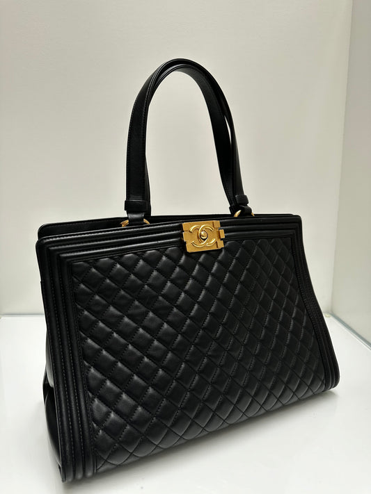 Chanel Lambskin Leather Quilted Boy Bag Tote GHW