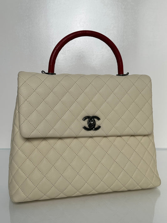 Chanel Cream/Red Lizard Coco Handle Large Bag RHW