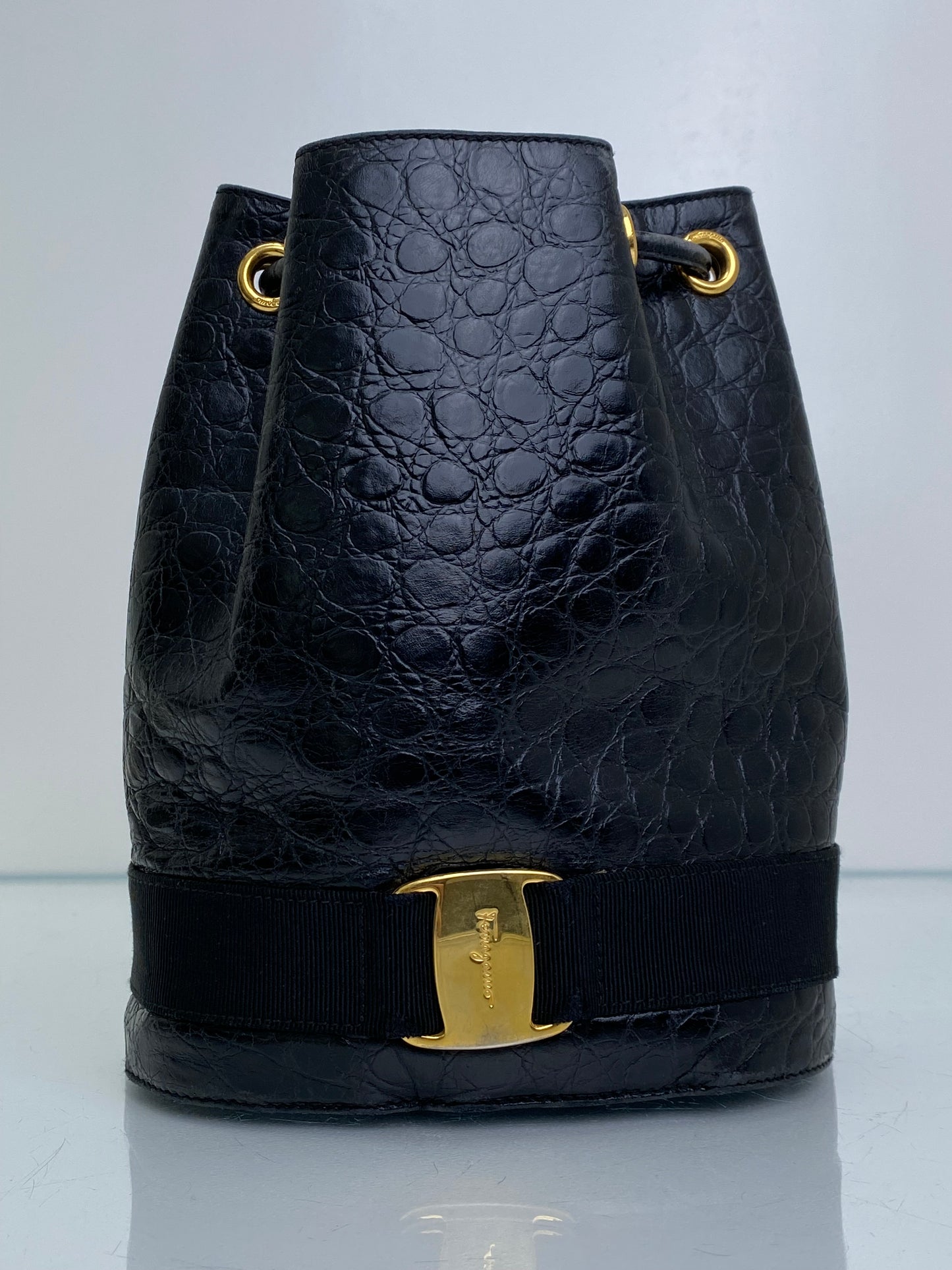 Salvatore Ferragamo Vintage Black Croc Embossed Backpack GHW