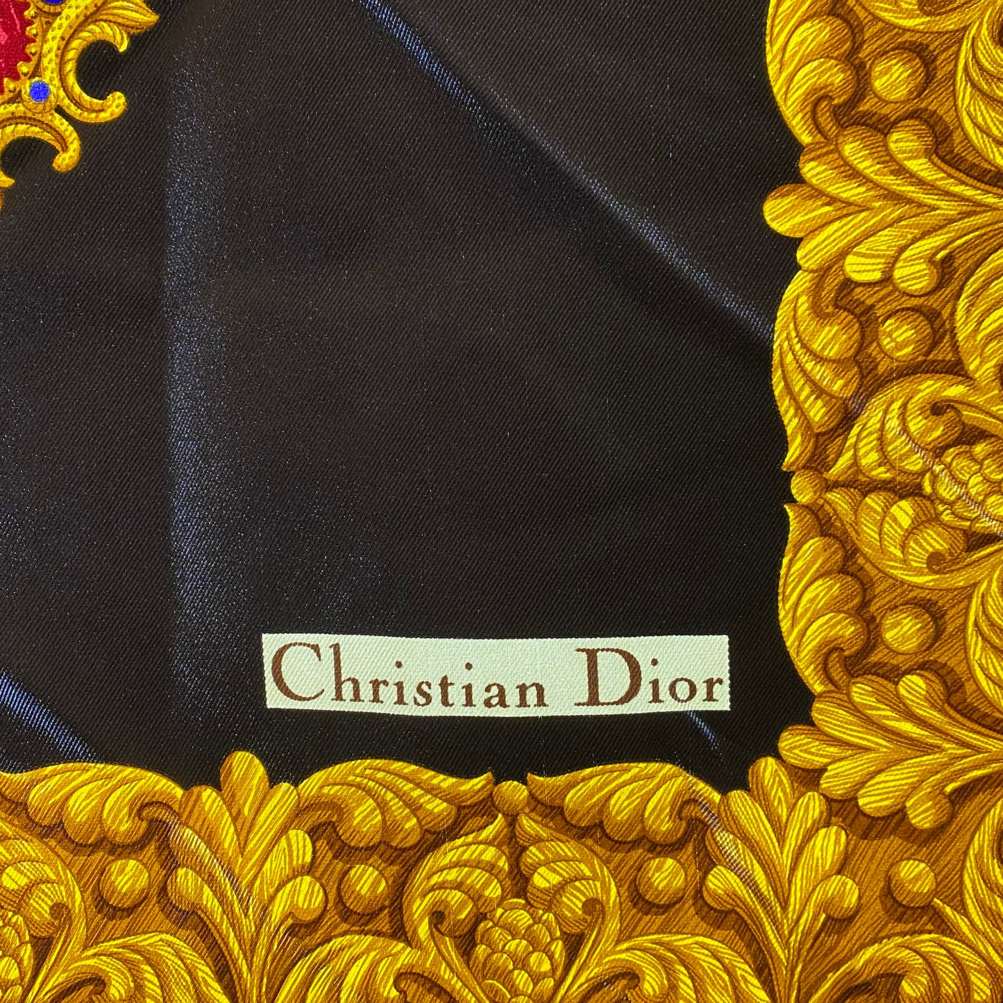 Dior Vintage Black, Burgundy, Blue, & Gold Silk Scarf