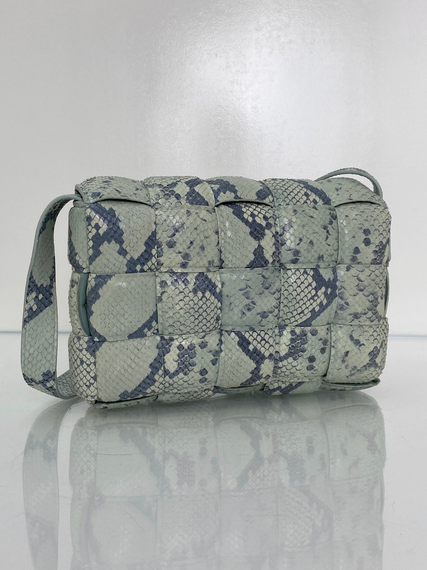 Bottega Veneta Padded Casette Gray & Mint Python Embossed Crossbody Bag SHW