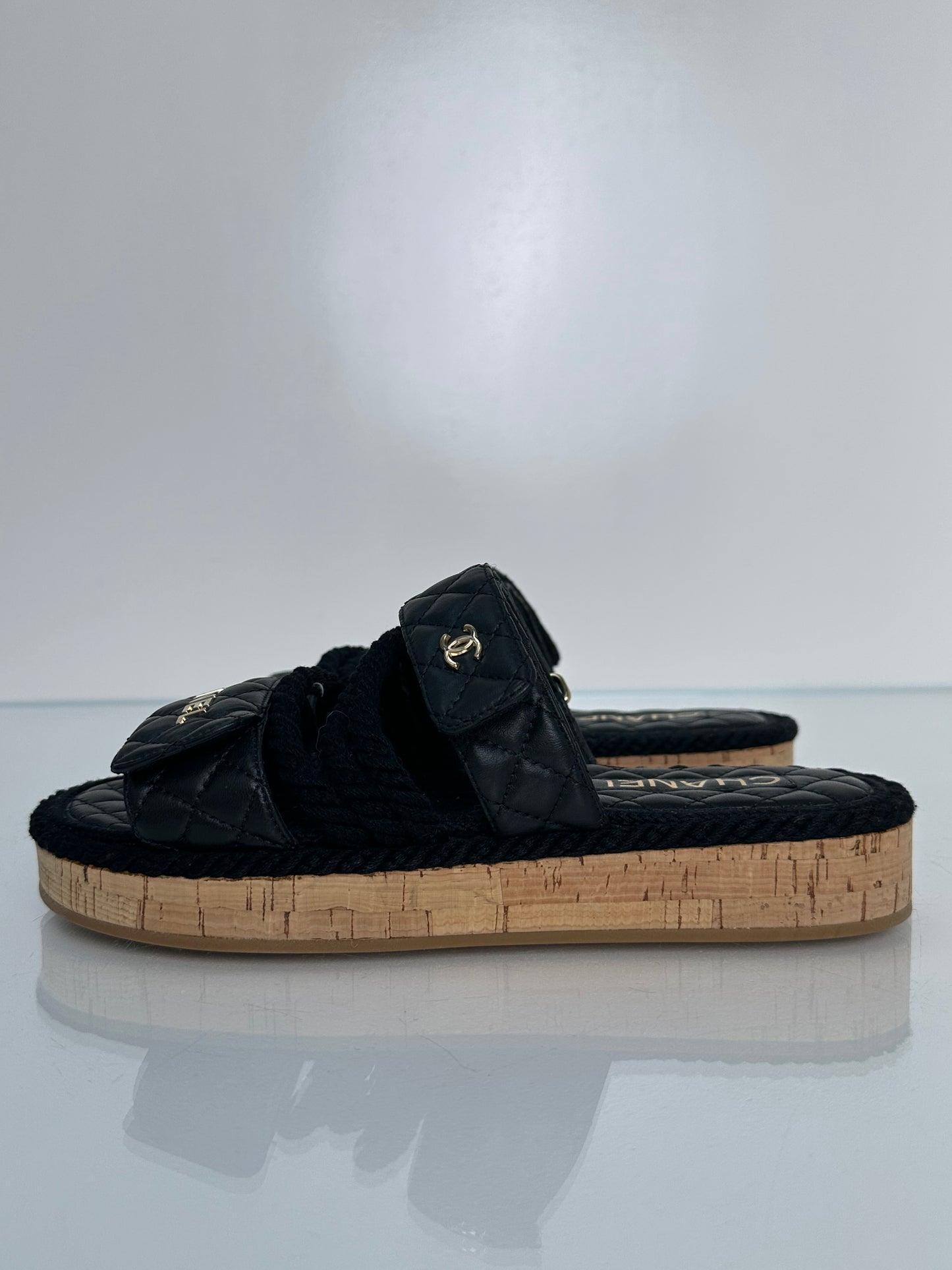 Chanel Black Quilted & Rope “Chanel” Logo Sandals, 39