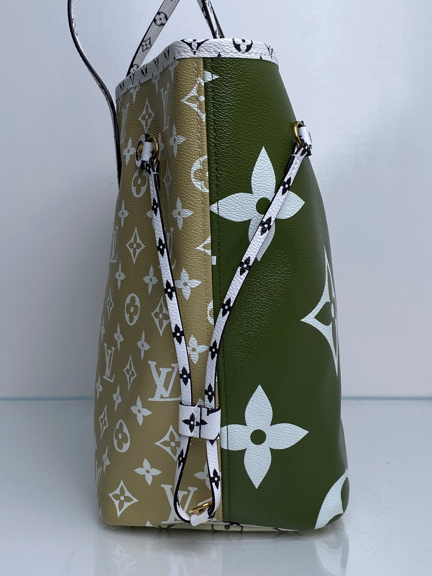 Louis Vuitton Green, Tan, & White Canvas Giant Monogram Neverfull MM