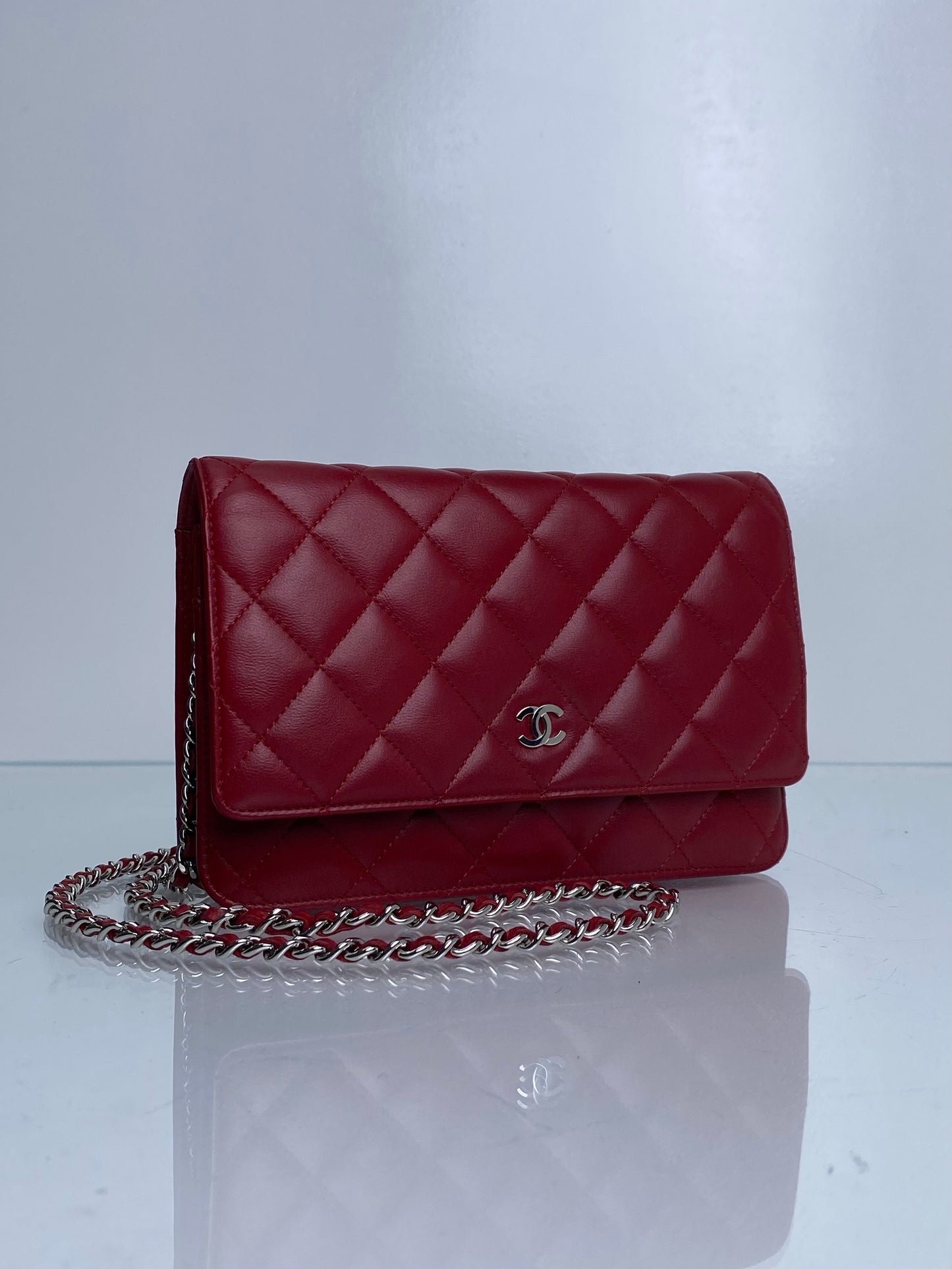 Chanel Red Lambskin Leather Wallet on Chain SHW