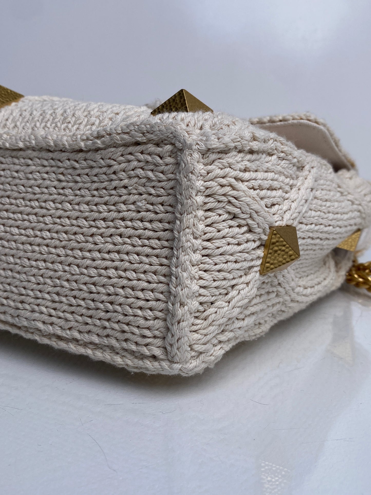Valentino Cream Knit Roman Stud Medium Bag GHW