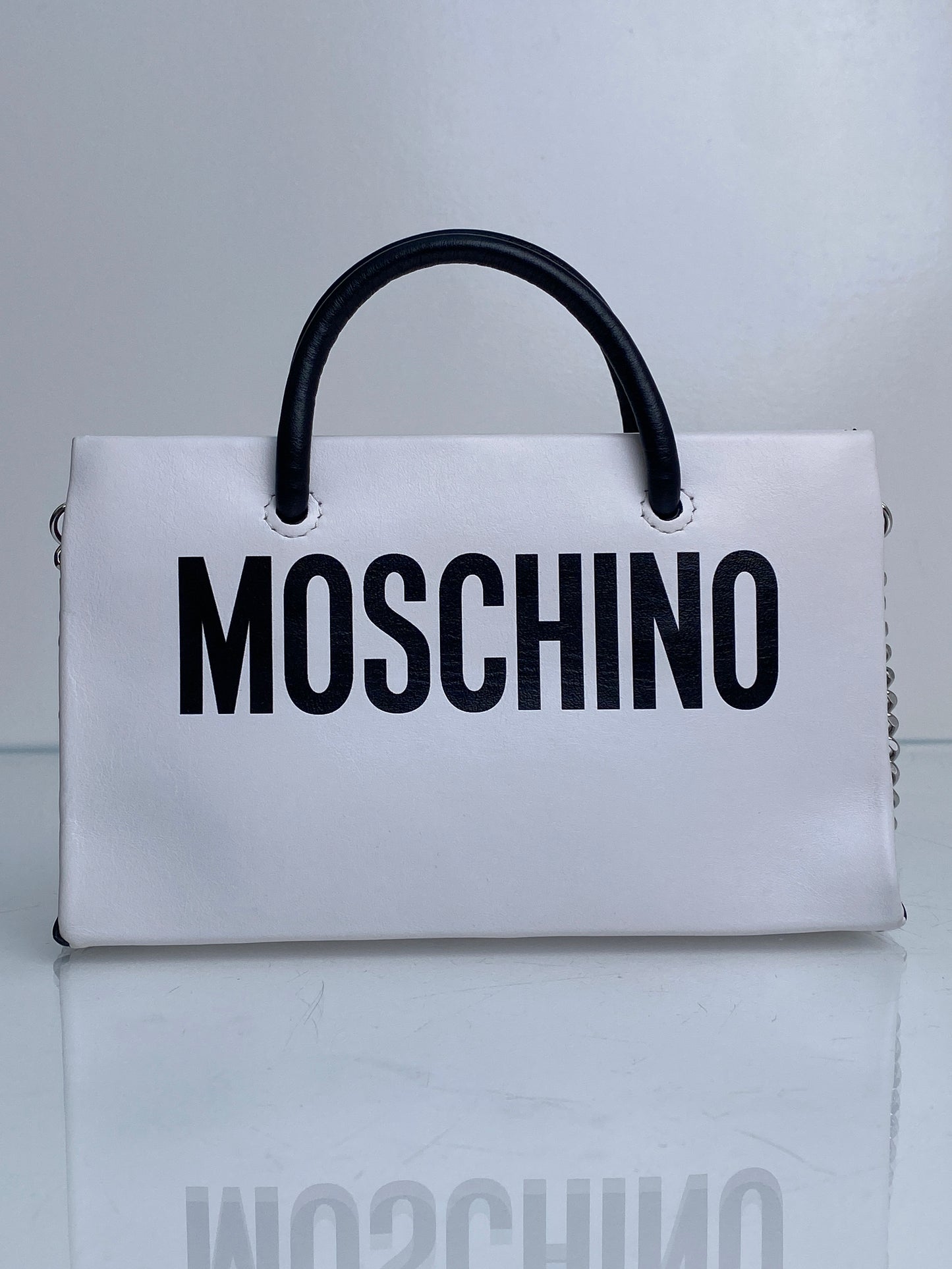 Moschino White & Black Leather Top Handle Small Bag SHW