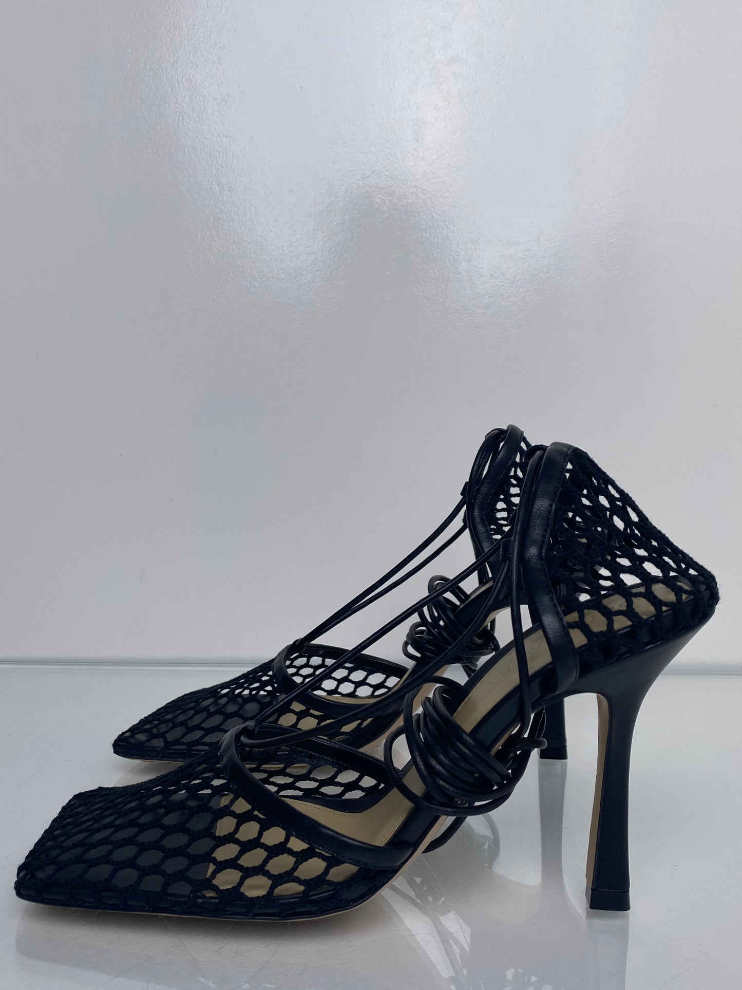 Bottega Veneta Black Mesh Wrap Heels, 38.5