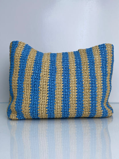 Prada Tan & Blue Striped Raffia Tote Bag SHW