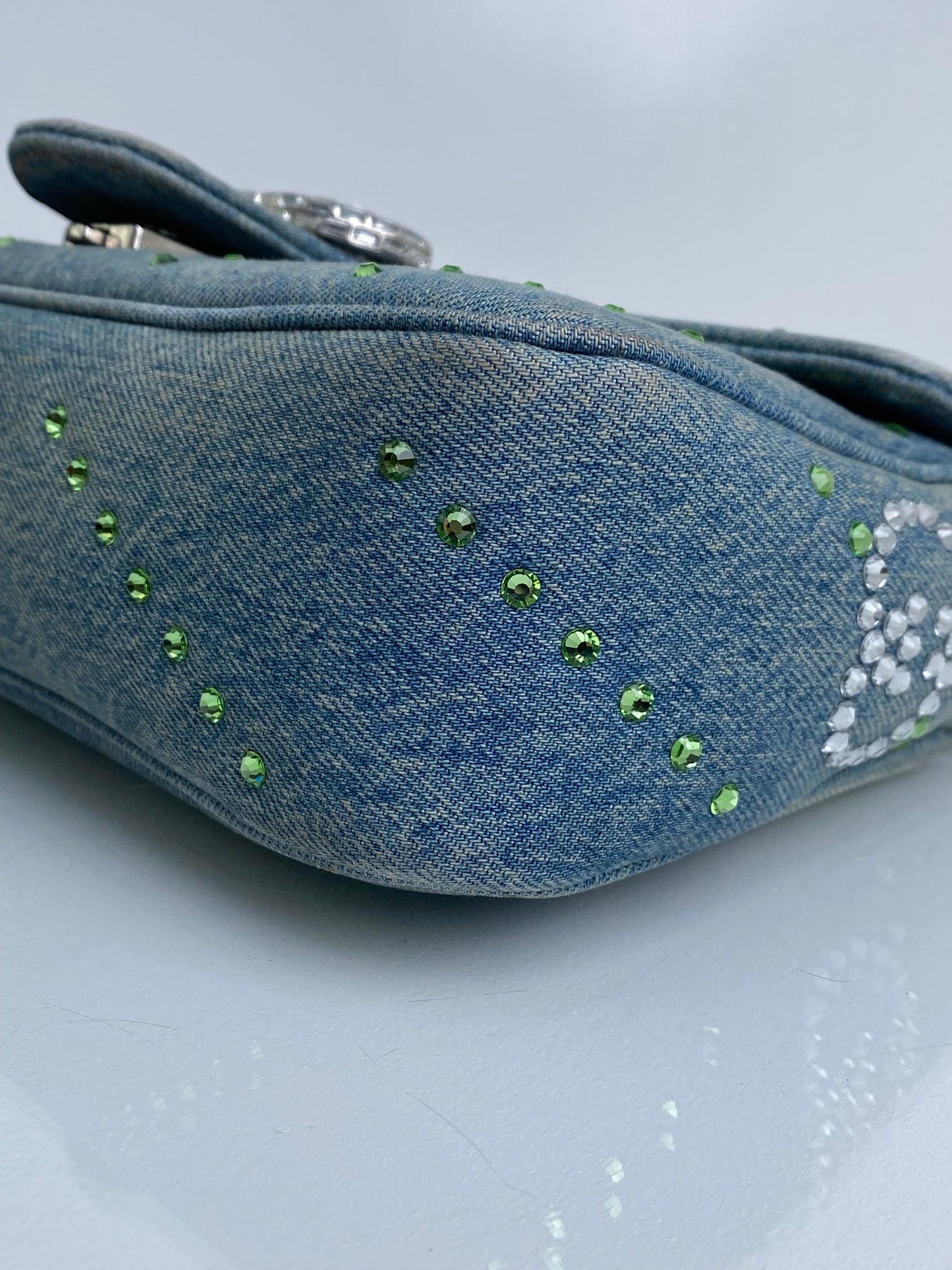Gucci Denim Crystal Appliqué GG Marmont Shoulder Bag SHW