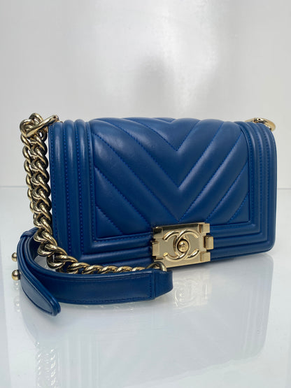 Chanel Boy Bag Blue Chevron Lambskin Small GHW