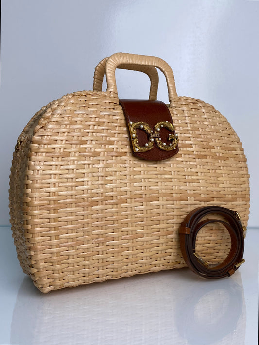 Dolce & Gabbana Tan & Brown DG Amore Wicker Handbag GHW