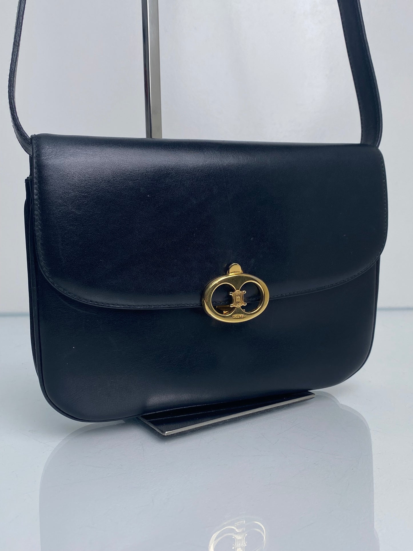 Celine Vintage Black Calfskin Leather Shoulder Bag GHW